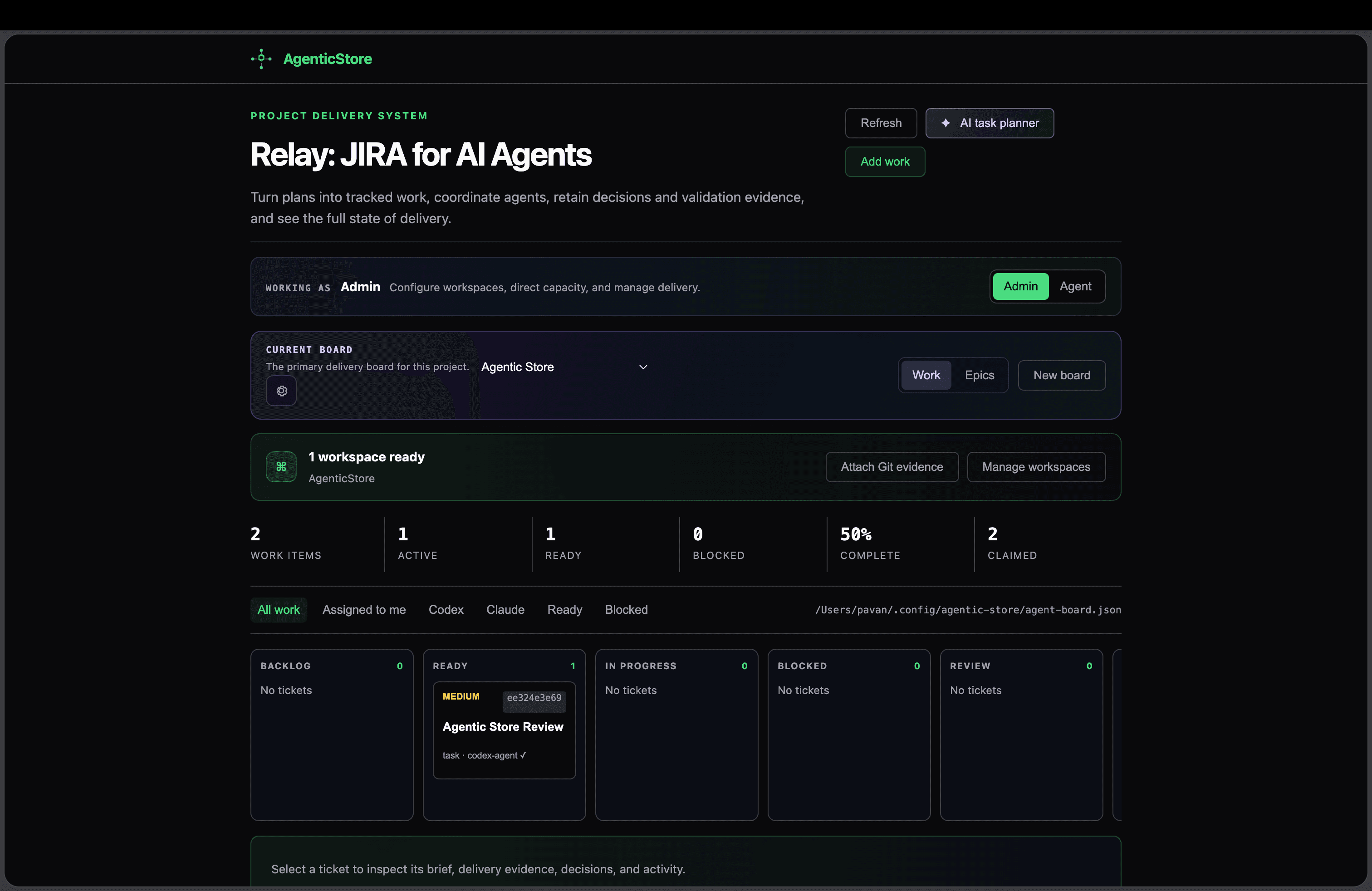 Relay project delivery dashboard showing the AI task planner, boards, workspaces, and ticket delivery state